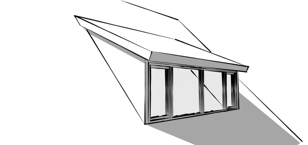 Tekening van een dakkapel met schuin dak